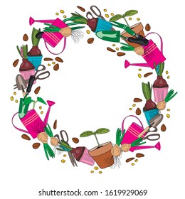 A wreath of hyacinths and garden tools: watering cans, shovels, rakes, seeds, scissors. For the design of stickers, labels, and other printing.