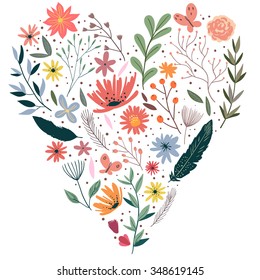 Wreath illustration made of flowers and herbs. Vector decorative frame and leaf. Spring elements. Floral doodles wreath.