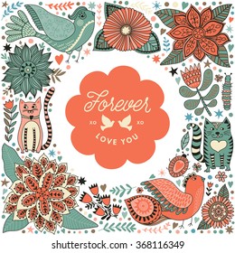 Wreath illustration made of flowers and herbs. Vector decorative frame and leaf. Spring elements. Floral doodles wreath. Valentine's Day design