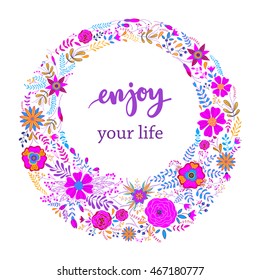 Wreath illustration made of flowers and herbs. Vector decorative frame and leaf. Spring elements. Floral doodles.