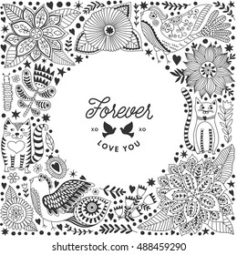 Wreath illustration made of flowers and herbs. Vector decorative frame and leaf. Spring elements. Floral doodles wreath.