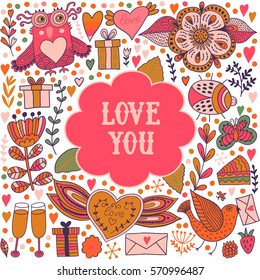 Wreath illustration made of flowers and herbs. Vector decorative frame and leaf. Spring elements. Floral doodles wreath. Valentine's Day design