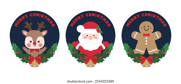 A wreath illustration with a winter Christmas concept. The wreath is made of holly and features bells, ribbons, Rudolph, Santa, cookie characters, and 'Merry Christmas' typography.