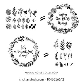 Wreath with inspirational quote. Floral botanical elements. Hand drawn illustration. Nature vector design.