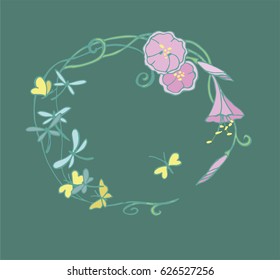 Wreath from Ipomoea surrounded by dragonflies and yellow butterflies