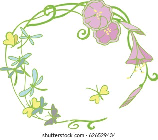 Wreath from Ipomoea surrounded by dragonflies and yellow butterflies