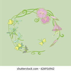 

Wreath from Ipomoea surrounded by dragonflies and yellow butterflies