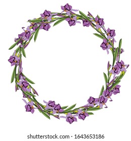 A wreath of irises. Frame. Modern dynamic flat design with bright, colorful flowers for your wedding invitation, greeting card template, banners, posters, seasonal sales.