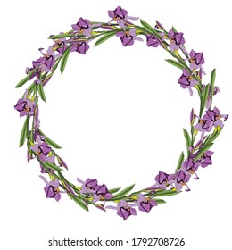 A wreath of irises. Frame. Modern dynamic flat design with bright, colorful flowers for your wedding invitation, greeting card template, banners, posters, seasonal sales.