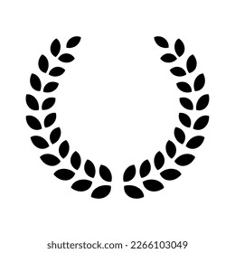 Wreath laurel. Black icon isolated on white background. Winner circle wreath. Victory round crown. Leaf award emblem. Symbol border. Branch logo. Branch with leaves. Crest badge. Vector illustration