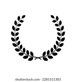 Wreath laurel. Black icon isolated on white background. Winner circle wreath. Victory round crown. Leaf award emblem. Symbol border. Branch logo. Branch with leaves. Crest badge. Vector illustration