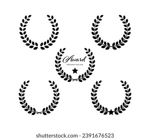Wreath laurel. Black icon isolated on white background. Winner circle wreath. Victory round crown. Leaf award emblem. Symbol border. Branch logo. Branch with leaves. Crest badge. Vector illustration