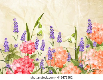 Wreath of lavender flowers in watercolor paint style. The lavender elegant card with frame of flowers and text. Lavender garland for your text presentation. Vector illustration.