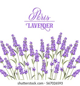 Wreath of lavender flowers in watercolor paint style. The lavender elegant card with frame of flowers and text. Lavender garland for your text presentation. Vector illustration.