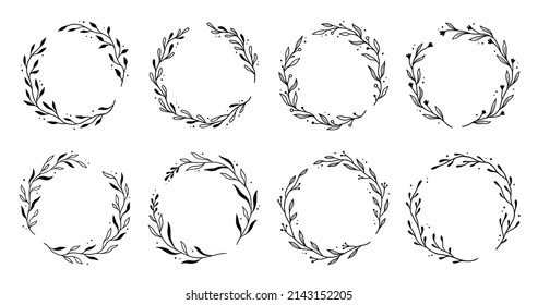 Wreath leaf circle border frame. Hand drawn doodle sketch style. Floral circle frame, flourish design element for wedding, greeting card. Vector illustration.
