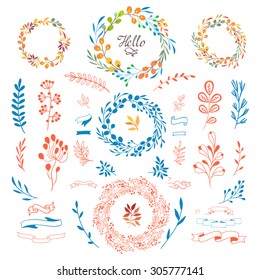Wreath leaf and flowers. Vector illustration on white background with floral frame. Autumn colors. Hello autumn. Hand draw design elements for your decorations.