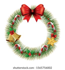 wreath of leafs for christmas decoration with bow ribbon vector illustration design