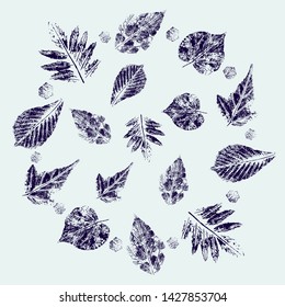Wreath of leafs with imprint forest leafs.  Vector illustration. Isolated objects on background. 