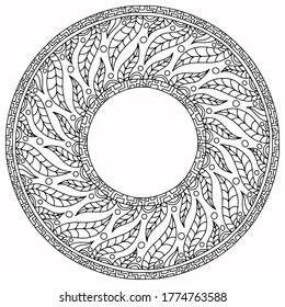 wreath with leaves and abstract ornaments drawn folk style on a white background for coloring, vector, isolated