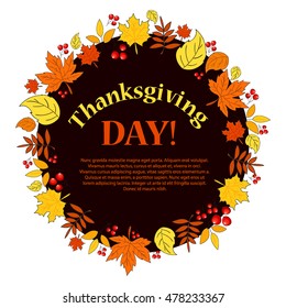 The wreath of leaves and berries on  black and white background. Banner to Thanksgiving. Autumn