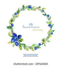 Wreath of leaves and blueberry. Round frame. Watercolor barry . Illustration for greeting cards. 