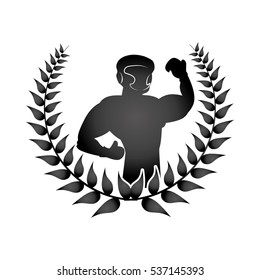 wreath of leaves with boxing player icon over white background. vector illustration