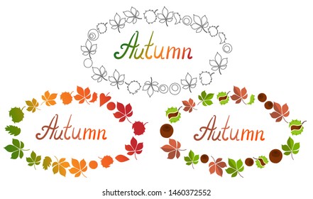 Wreath of leaves and chestnuts set. Lovely template or ellipse frame with orange, green, yellow and line art leaves. Handwritten word Autumn in the middle. White background, warm colors, flat design. 