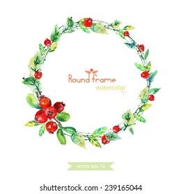 Wreath of leaves and cranberry. Round frame. Watercolor berry . Illustration for greeting cards. 