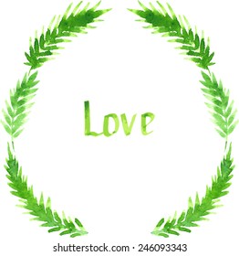 wreath of leaves, floral vignette with abstract branches drawing by watercolor, hand drawn vector template