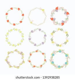 Wreath with leaves and flowers isolated  on a white background.Vector Spring flower nature decorative plants
