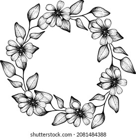 A wreath of leaves and flowers. Linear graphics. Hand drawing. Elegant flowers for the logo.