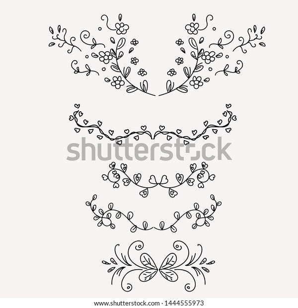 Wreath leaves with\
Ornaments. Set Collection of Vintage Ornament Elements, Hand drawn\
vector dividers. Doodle design elements. Decorative swirls\
dividers. Illustration\
leaves