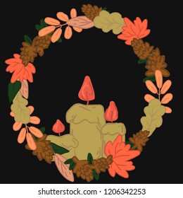 Wreath Leaves Pinecones Ribbon  Candles Cosy Woody Elements for Fall Winter Mood. Hyggie, Cute, Hand Drawn Vector Isolated Elements. Advertising, Festivals, Celebration, Holiday, Wedding, Invitation.
