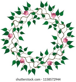 A wreath of leaves with pink flowers, leaves are like birch, inside you can insert any text. Illustration is drawn in the program by the illustrator.
