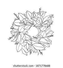 Wreath with leaves, round frame, isolated on white background. For wedding invitations, greeting, Christmas cards. - Vector illustration