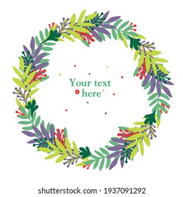 Wreath of leaves. Scandinavian doodle spring (or summer) wreath with leaves and branches (red, purple, sea, green). White isolated vector stock illustration (EPS10).