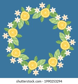 a wreath of lemon slices, leaves and flowers. vector illustration. suitable for decoration, postcards, invitations.