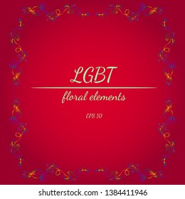 Wreath of LGBT Color Flowers in Form of Heart on Red Background. Floral Frame Design Elements For Invitations, Greeting Cards, Posters, Blogs. Hand drawn vector illustration. Line art. Sketch