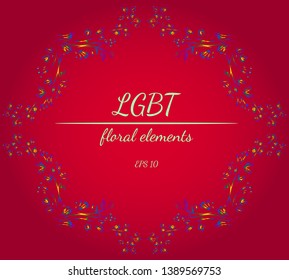 Wreath of LGBT color flowers in form of heart on red background. floral frame design elements for wedding invitation, greeting card, poster, blog. Hand drawn vector illustration. Line art. Sketch