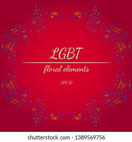 Wreath of LGBT color flowers in form of heart on red background. floral frame design elements for wedding invitation, greeting card, poster, blog. Hand drawn vector illustration. Line art. Sketch