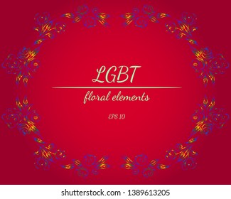 Wreath of LGBT color flowers in form of heart on red background. floral frame design elements for wedding invitation, greeting card, poster, blog. Hand drawn vector illustration. Line art. Sketch