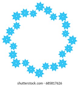 The wreath of light blue snowflakes on a white background