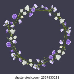 Wreath of lilac and white bells on a purple background