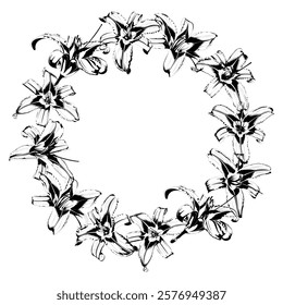 Wreath of lilies in black on a white background