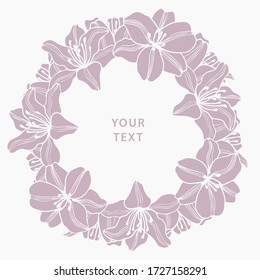 Wreath of lilies flowers vector. Hand drawn silhouette illustration on white background. Frame for design, border, greeting card, flyer, poster, wedding invitations.