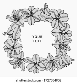 Wreath of lilies flowers vector. Hand drawn black outline illustration on white background. Frame for design, border, greeting card, flyer, poster, wedding invitations.