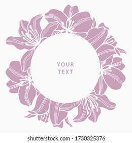 Wreath of lilies flowers vector. Hand drawn silhouette illustration on white background. Frame for design, border, greeting card, flyer, poster, wedding invitations.