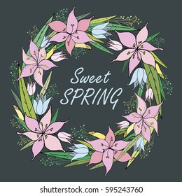 The wreath of lilies pattern on gray background. Hand drawn vector stock illustration.