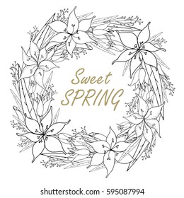 The wreath of lilies pattern on white backround. Hand drawn vector stock illustration.