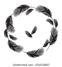 A wreath of line black contour vector feathers of fluffy birds isolated on the white background